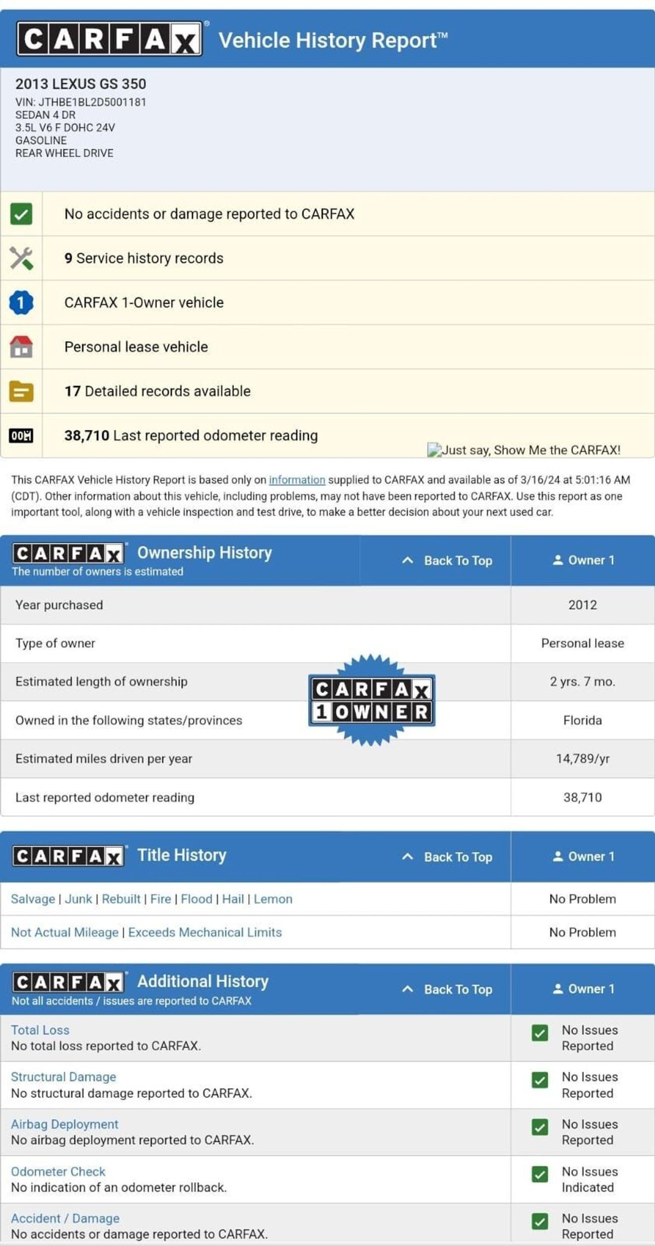Lexus GS350 2013 Clean Title