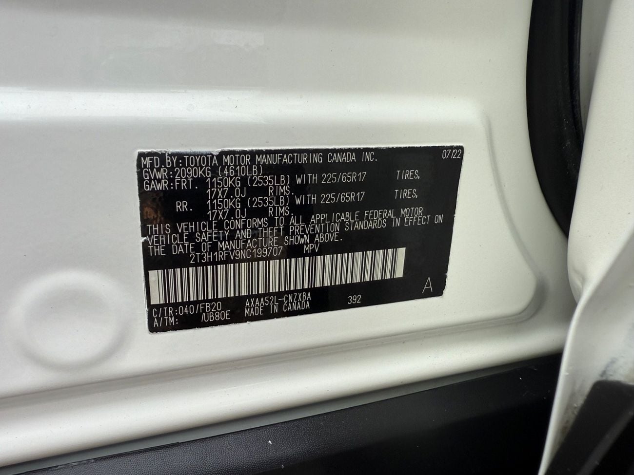 Toyota RAV4 XLE 2.5L 2022 XLE TRIM AWD 2.5L CANADA SPEC