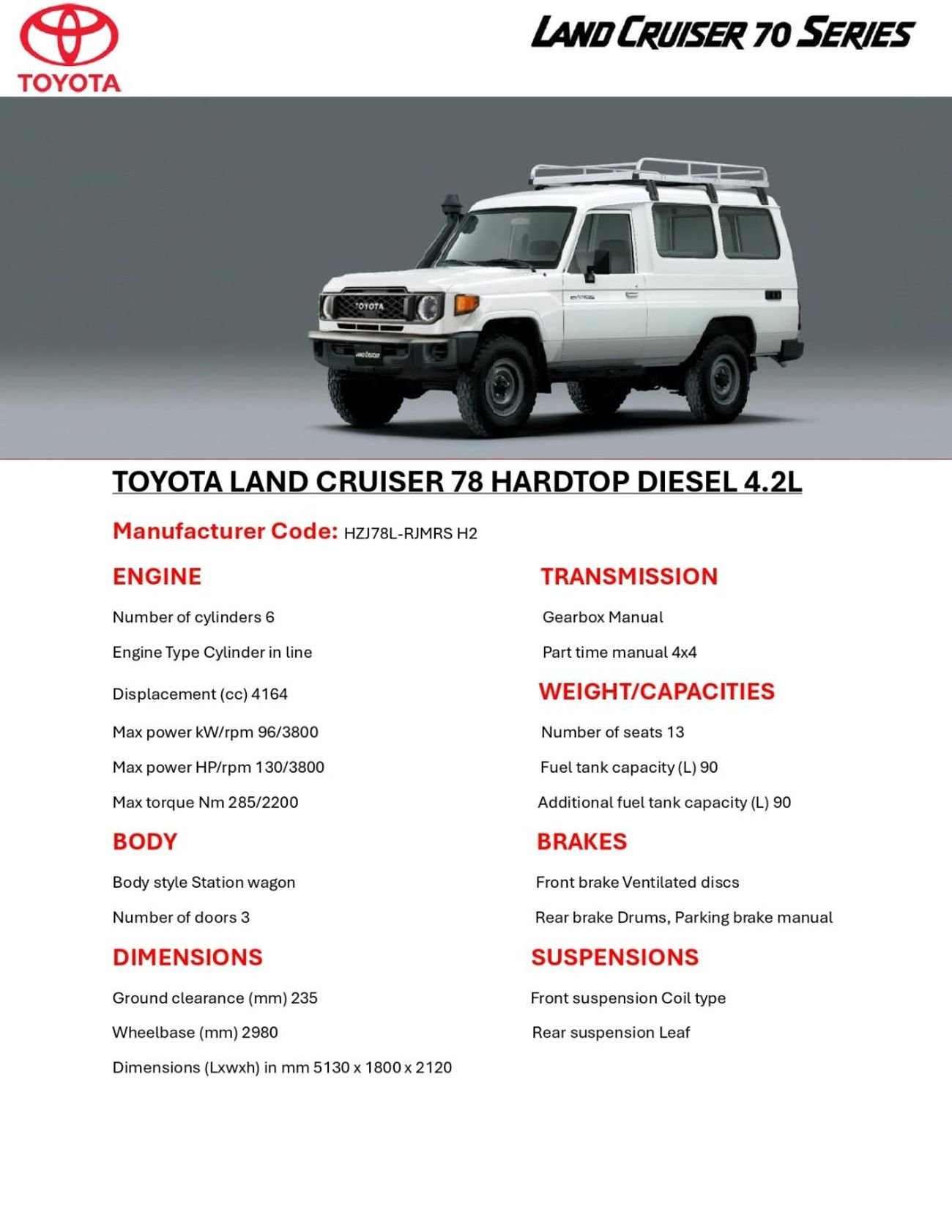 تويوتا لاند كروزر 70 LC78 Hardtop 3 Doors 4.2L Diesel V6 Model 2025