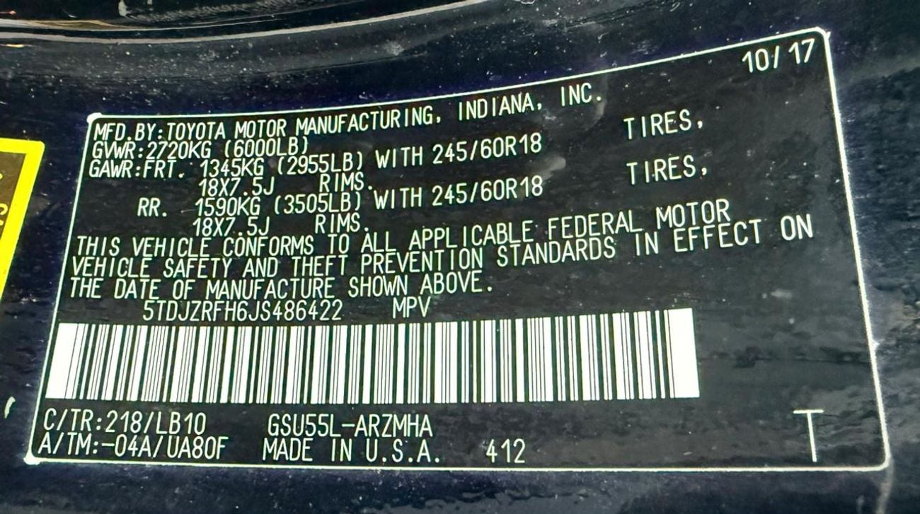 تويوتا هايلاندر 2018 TOYOTA HIGHLANDER XLE 4X4 AWD FULL OPTION  READY Black 5TDJZRFH6JS486422