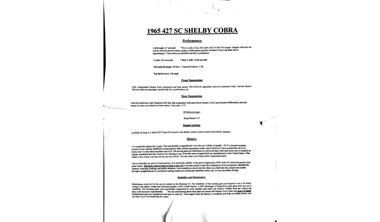 AC Cobra REPLICA 427 AC SHELBY COBRA - 1966 - 5.0L - Immaculate condition