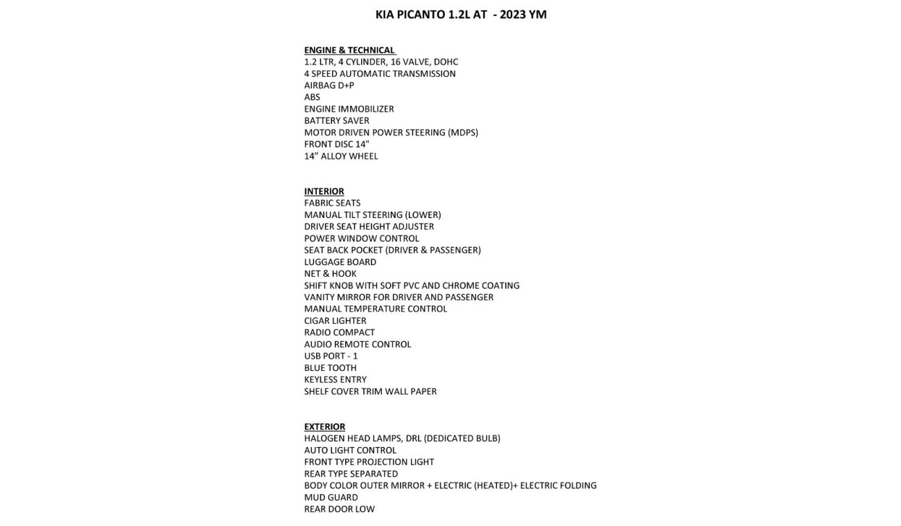 Kia Picanto 1.2 LTR, 4 CYLINDER, 16 VALVE, DOHC