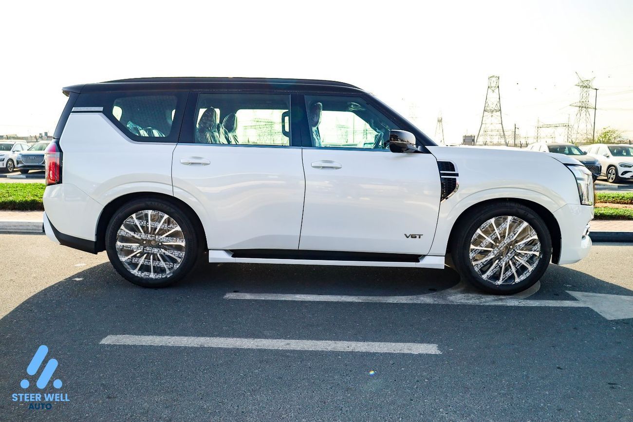 نيسان باترول LE Platinum 2026 | Twin-Turbo AWD | 9AT | 8-Seater | Dual-Tone Black Roof & White Body | Red Interio