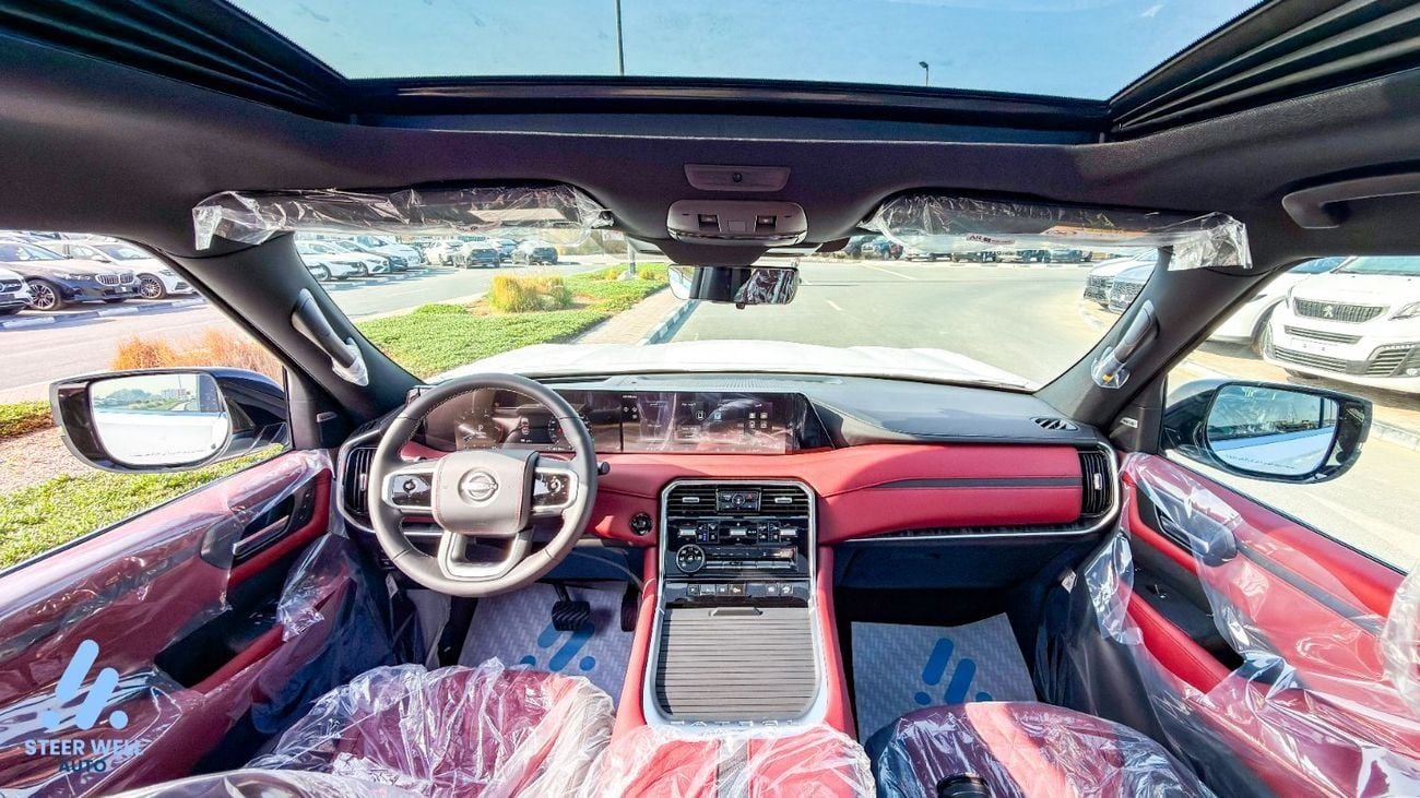 نيسان باترول LE Platinum 2026 | Twin-Turbo AWD | 9AT | 8-Seater | Dual-Tone Black Roof & White Body | Red Interio