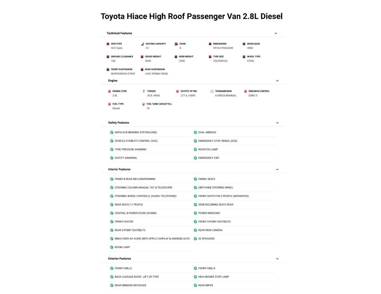 Toyota Hiace 2.8L DSL 13 SEATS HIGHROOF WITH SUNROOF AND DOOR HANDLE SAUDI SPECS