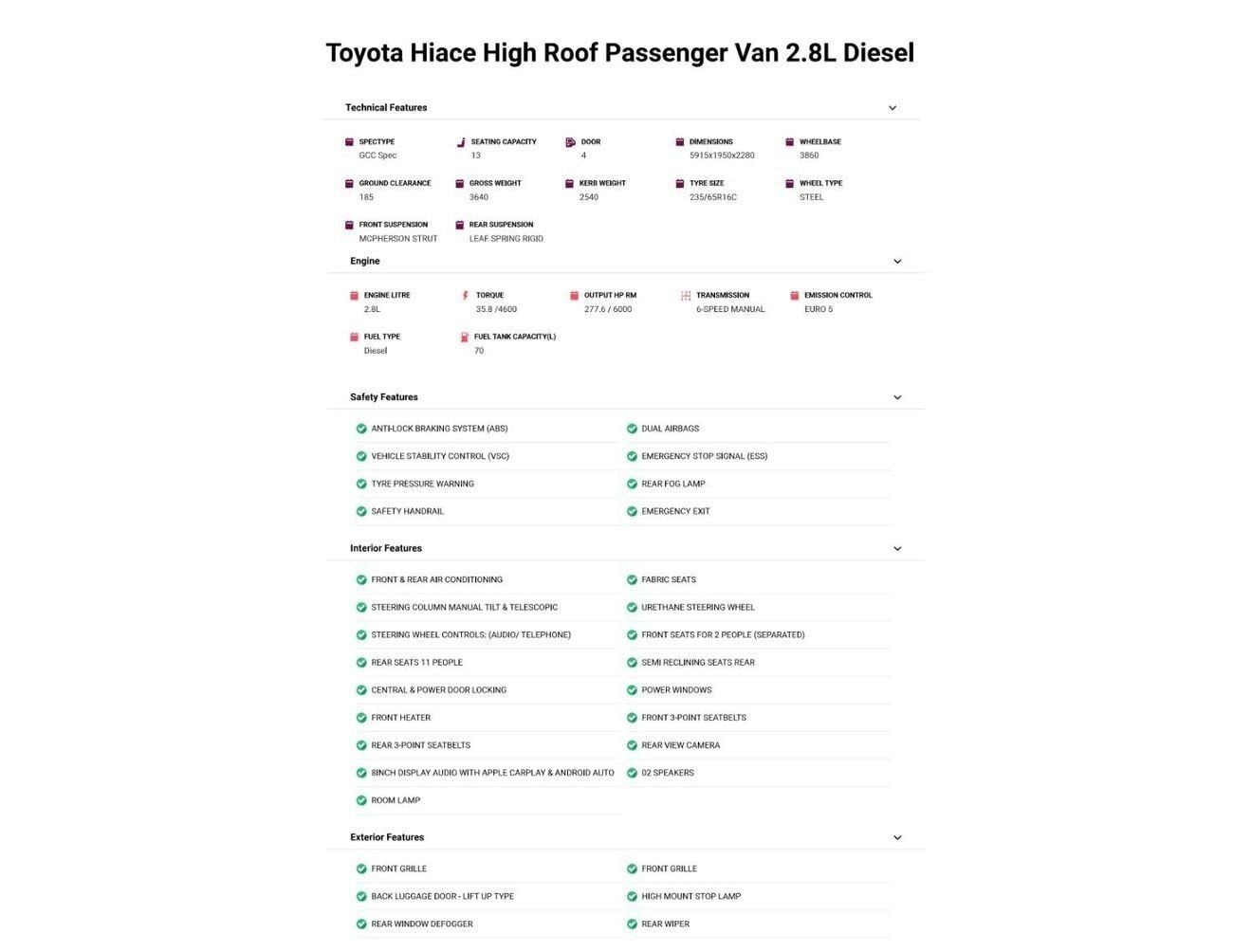 تويوتا هاياس GL 3.5L 13 SEATS HIGHROOF WITH EMERGNCY EXIT AND DOOR HANDLE SAUDI SPECS