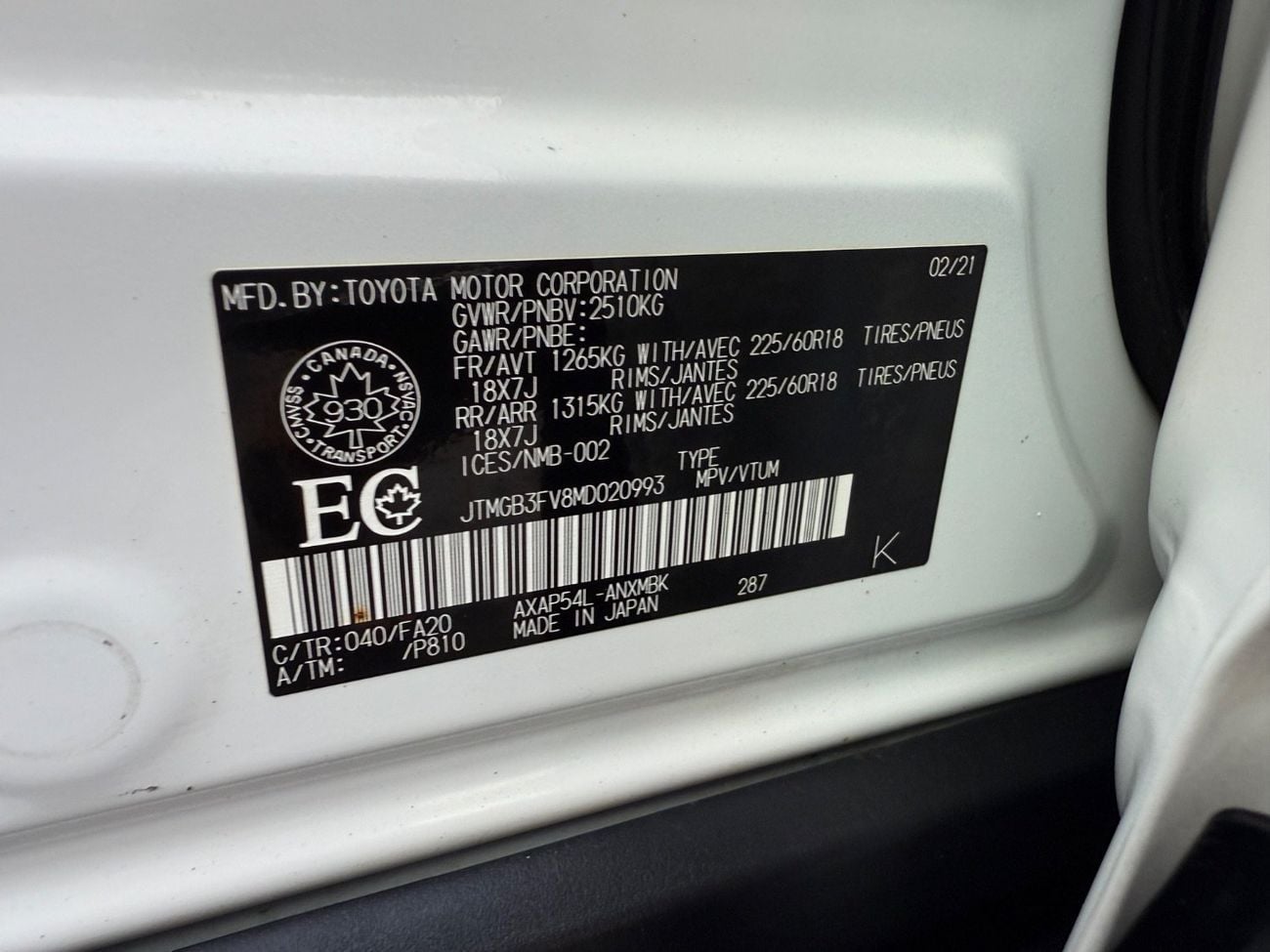 Toyota RAV4 VXR HEV 2.5L (219 HP) AWD 2021 VXR HEV SE PRIME HYBRID +ELECTRIC (219 HP) AWD CANADA SPEC