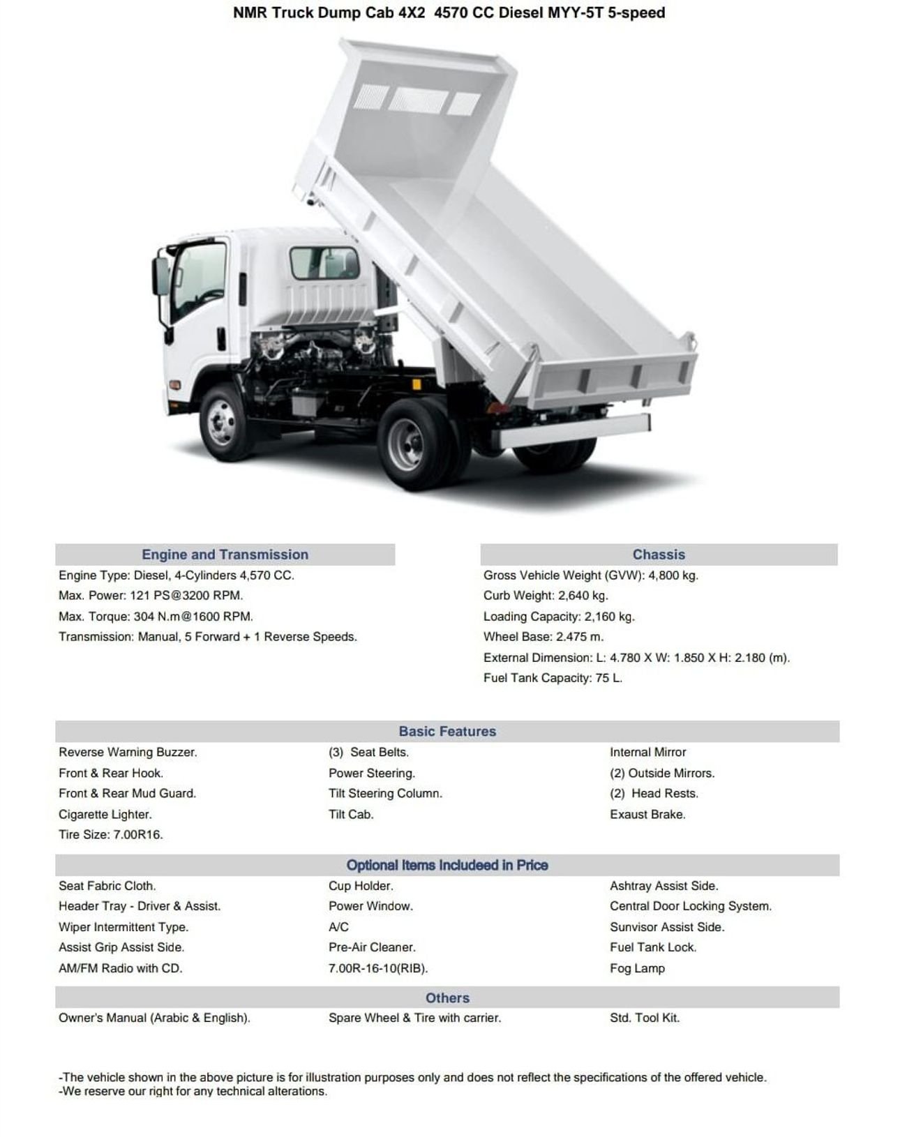 إيسوزو NMR ISUZU NMR DUMP TRUCK, 4570 CC 4-CYLINDER DIESEL ENGINE, MODEL 2025, GVW 4800KG
