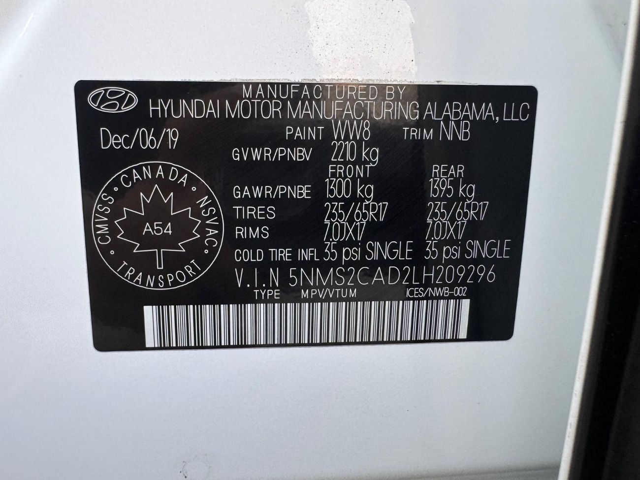 Hyundai Santa Fe Smart 2.4L 2020 SPORT AWD 2.4 CANADA SPEC