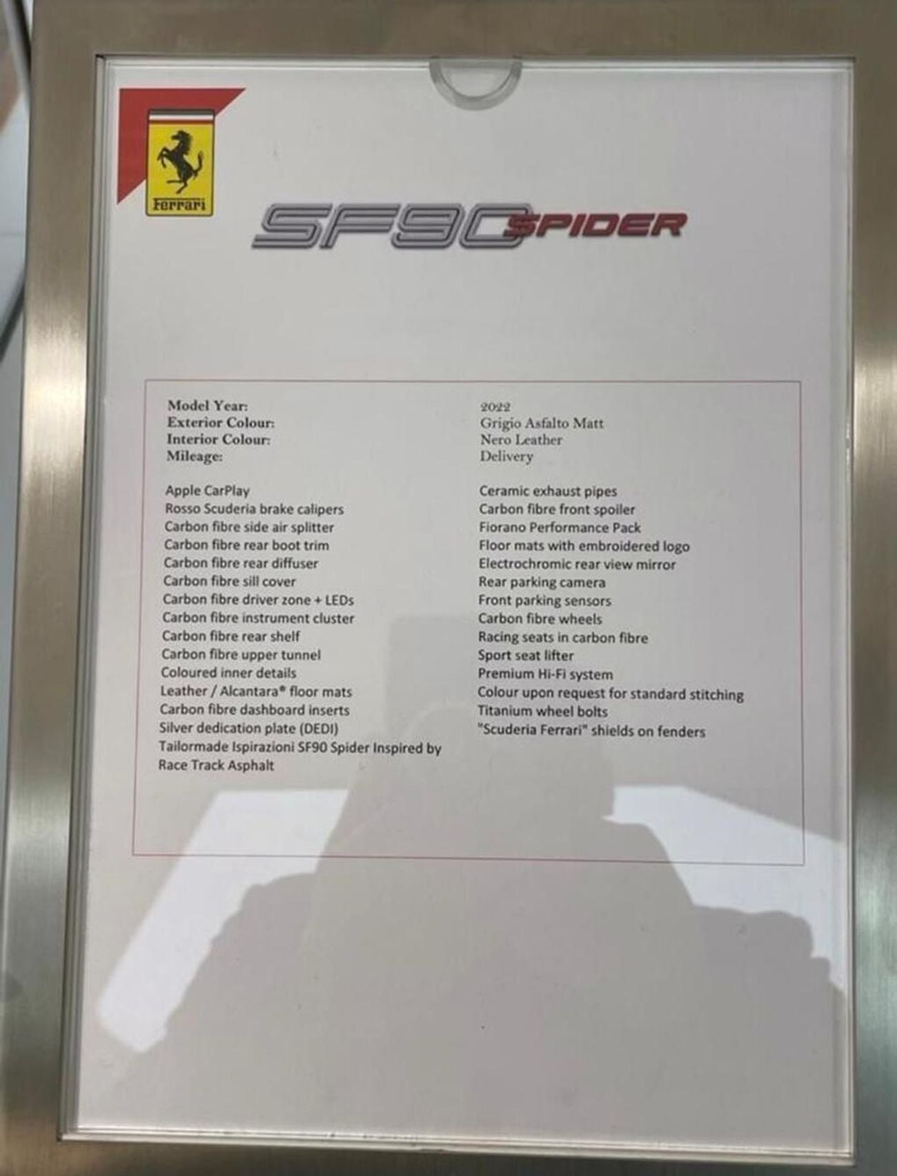 فيراري SF90 سبيدر 4.0T V8 7.9kWh F1 DCT 4WD Euro 6 (s/s) 2dr ( EXPORT ONLY)