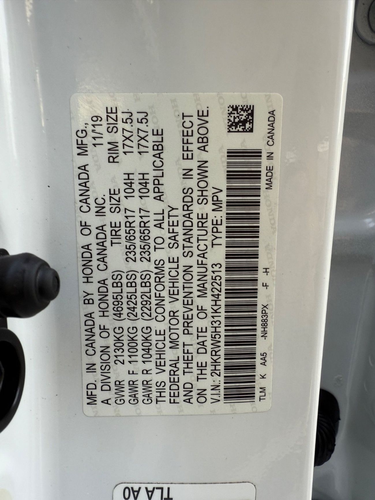 Honda CRV 2020 Touring 2.4L (184 HP) USA SPEC