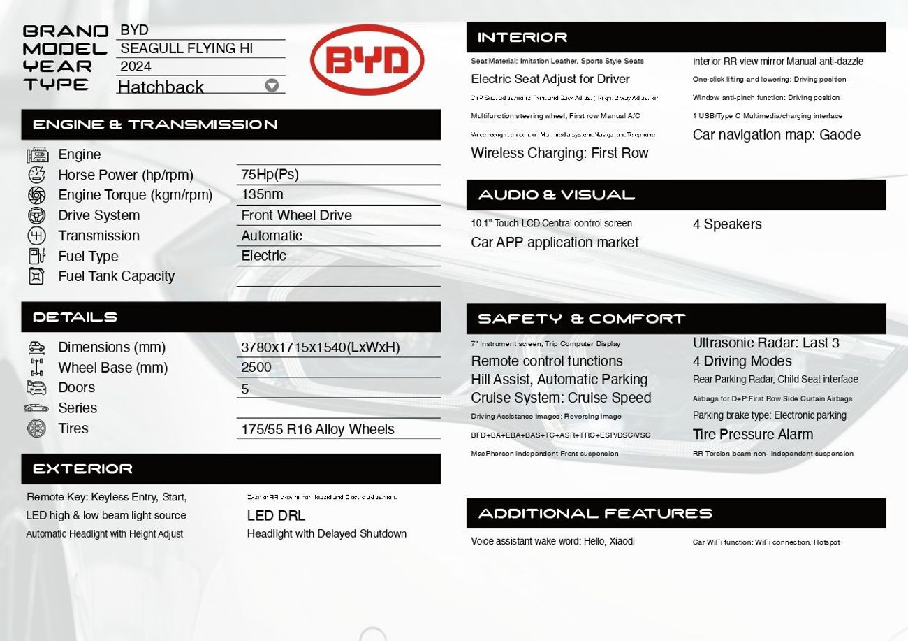 BYD Seagull FLYING HATCHBACK HI AT ELECTRIC Car 2024 Model