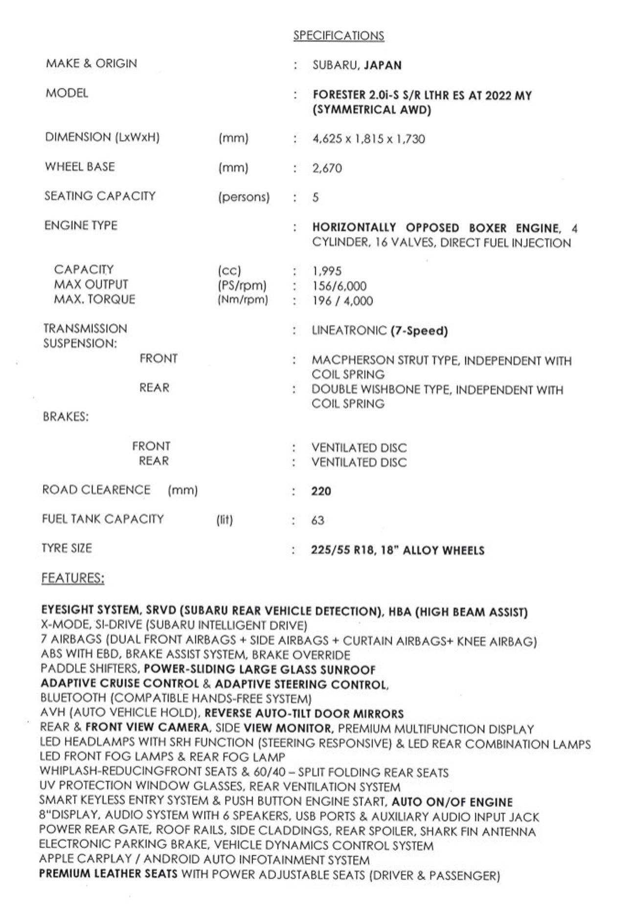 Subaru Forester EyeSight 2.0L