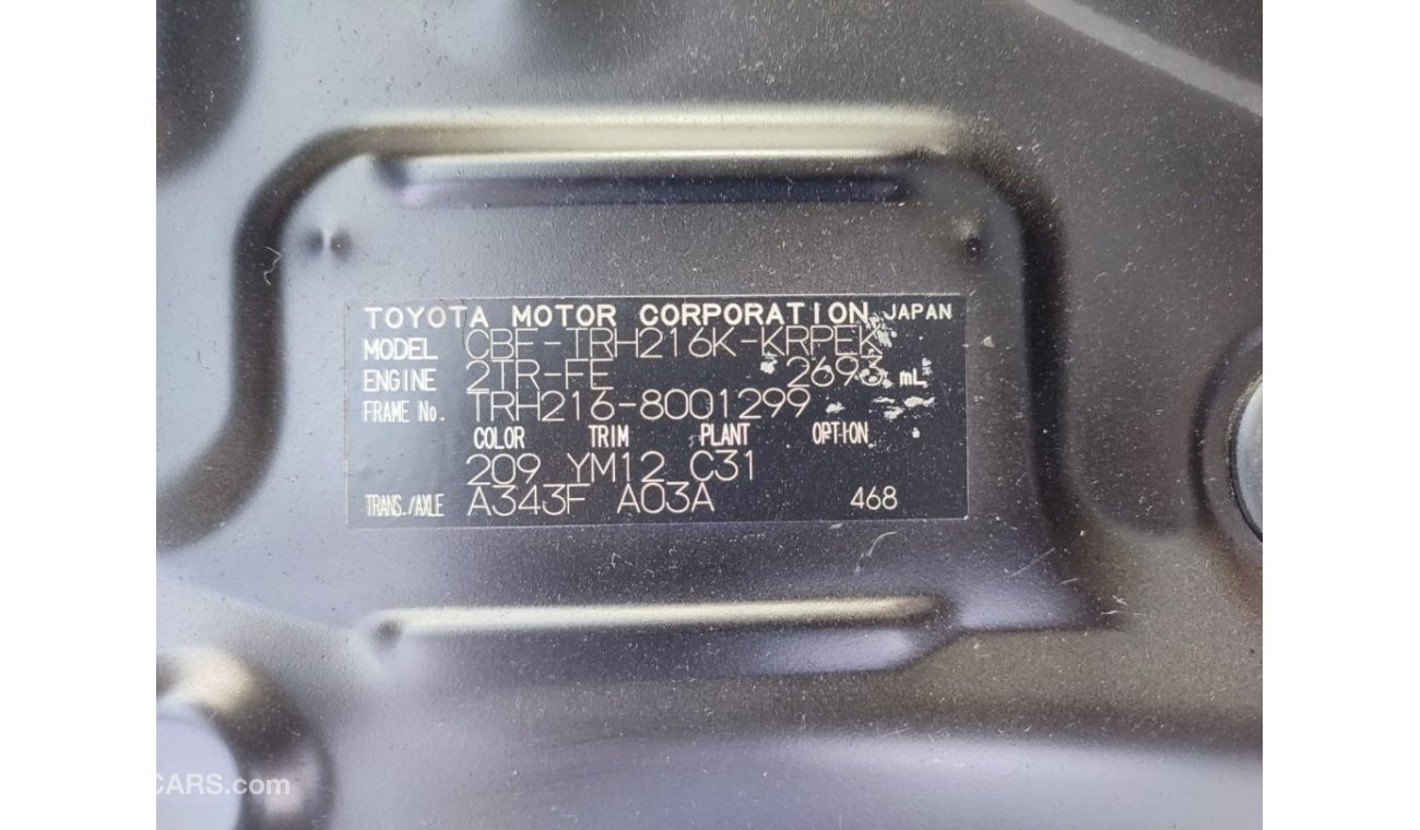 Toyota Hiace TRH216-8001299 || TOYOTA	HIACE (VAN)	|| cc 2700 PETROL KMS 165989 RHD AUTO ||